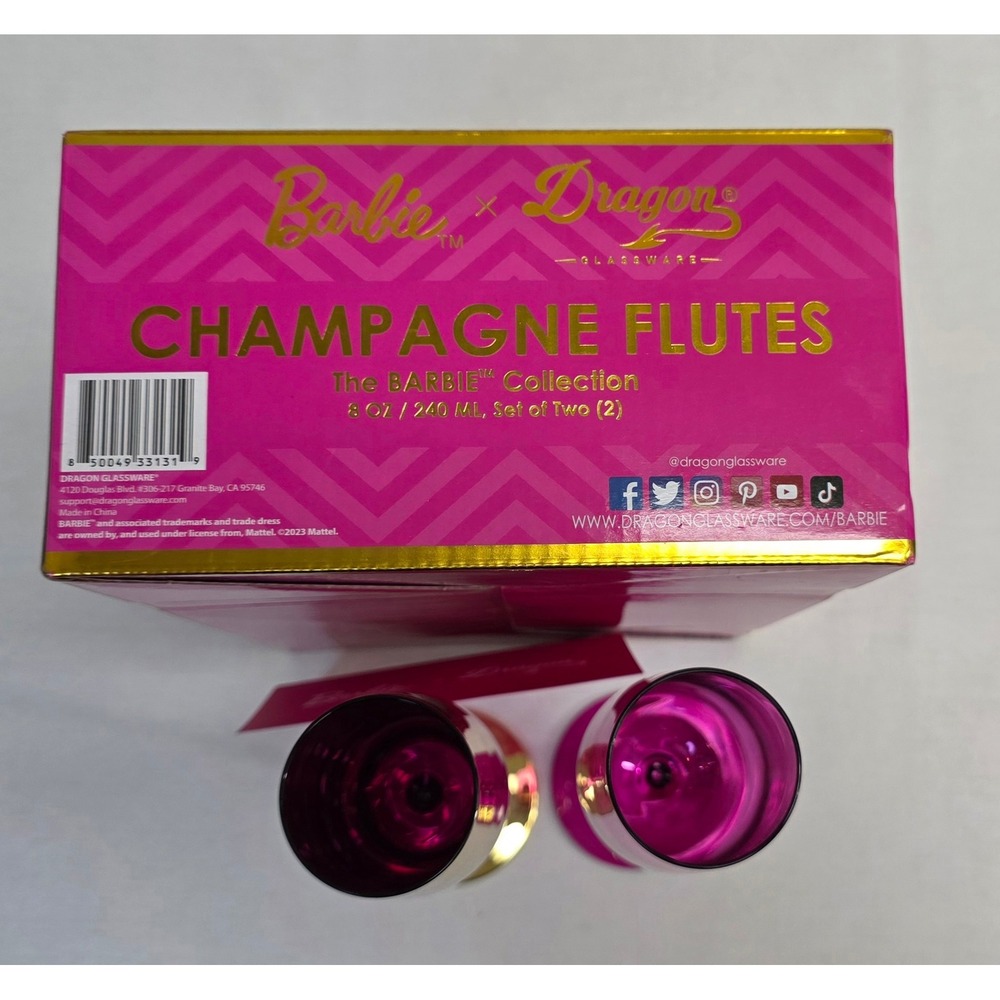 Barbie x Dragon Glassware Champagne Flutes Set of 2 Gold and Pink LimitedEdition - Picture 13 of 16